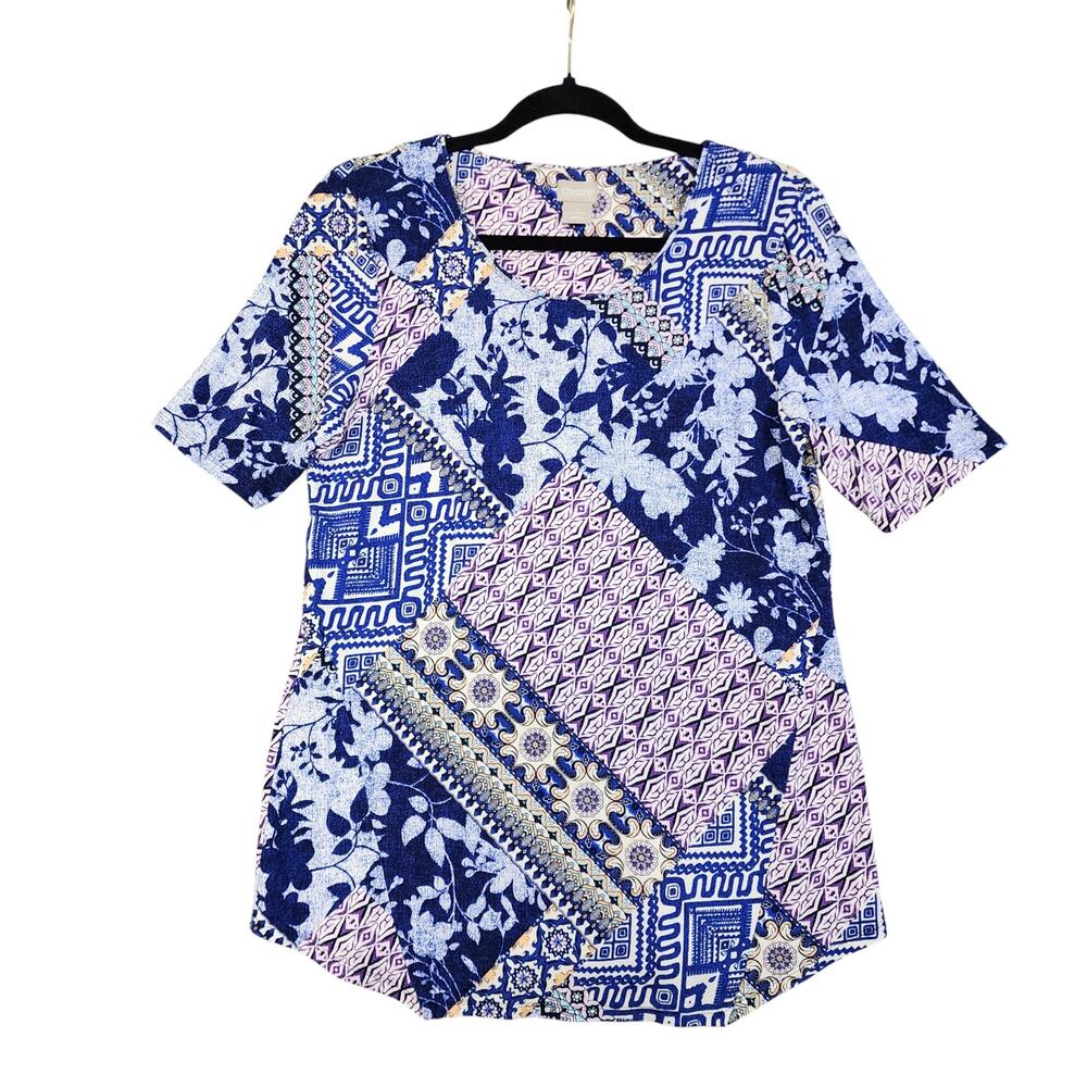 Chicos Womens Mixed Print Blouse Size Medium Blue Floral Abstract Jersey‎ Knit